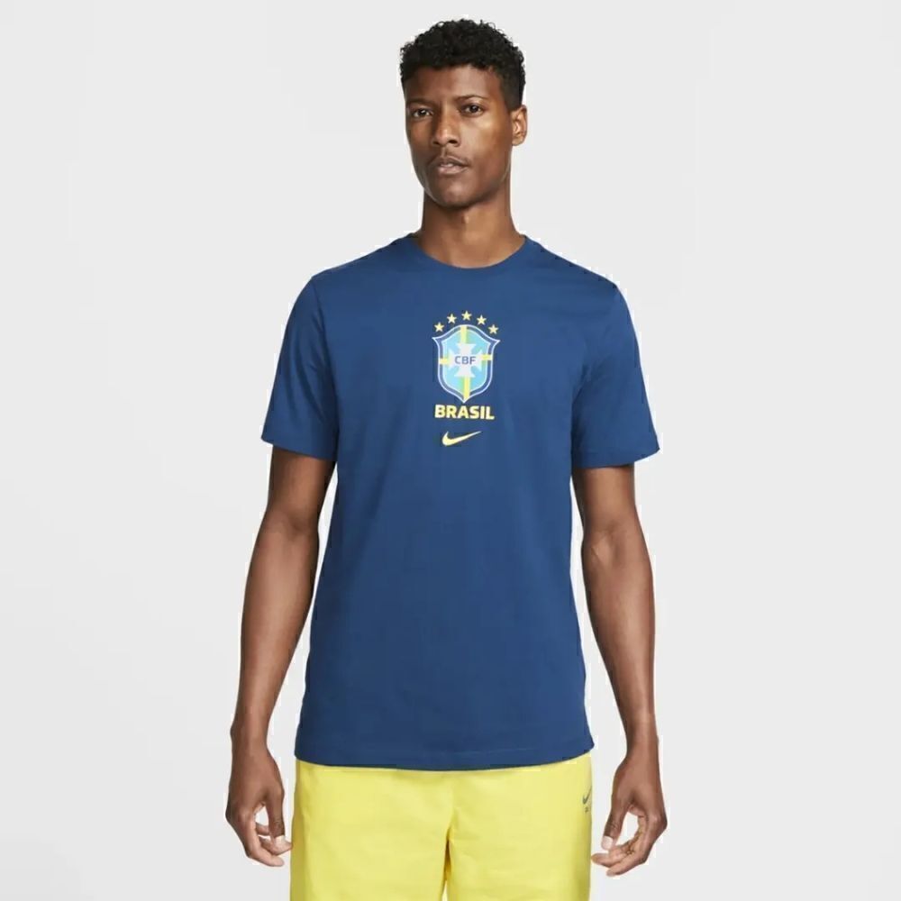 Nike Brazil Soccer Team Crest Tee Shirt S Blue Yellow Dri-Fit Cotton DH7585-490